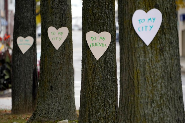 Heart-shaped cut-outs with messages of positivity adorns trees in downtown Lewiston, Maine, Thursday. The signs are some of the 100 hearts put up by Miaa Zellner of Turner, Maine, to show her love and support for the community in the wake of Wednesday's mass shootings. (AP Photo/Robert F. Bukaty)