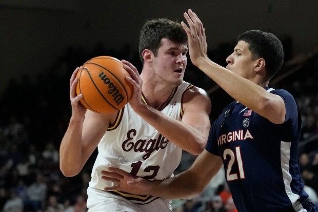 Boston College's Quinten Post eyes the basket during a Feb. 22 game in Boston. (AP Photo/Charles Krupa)
