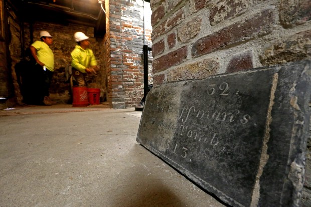 The John Hoffman's Tomb plaque rest prior to being installed as the Old North Church rehabilitates the doors to it's crypts on October 18, BOSTON, MA. (Staff Photo By Stuart Cahill/Boston Herald)