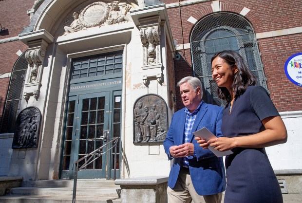 Boston, MA - October 3: Mayor Michelle Wu with City Councilor Michael Flaherty before signing a designation making the BCYF Nazzaro in the North End a landmark.  (Matt Stone/Boston Herald)