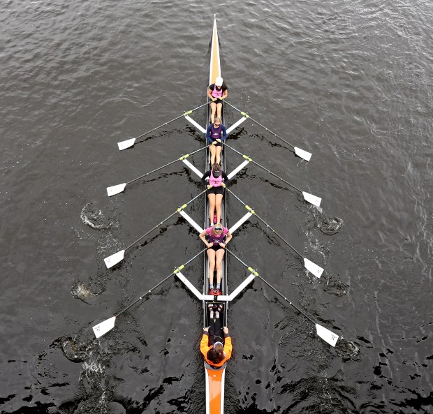 Cambridge, MA - October 20:  Rowers practice along the Charles River during the Head of the Charles Regatta.   (Matt Stone/Boston Herald)
