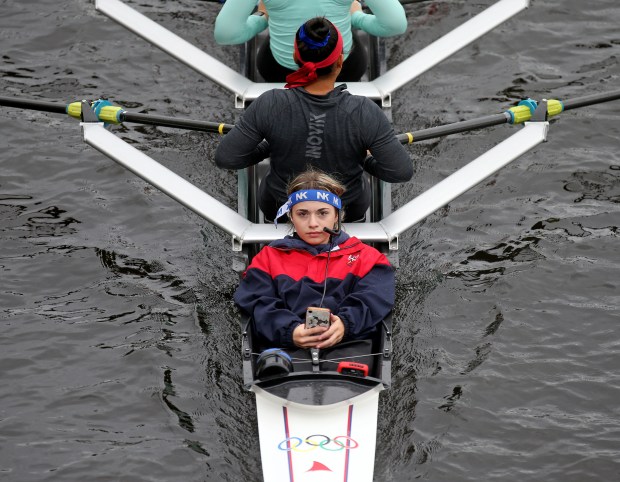 Cambridge, MA - October 20:  A coxswain directs the rowers as they practice along the Charles River during the Head of the Charles Regatta.   (Matt Stone/Boston Herald)