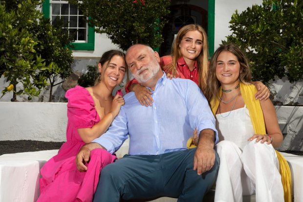 Philanthropist Chef José Andrés and his daughters explore the historic Hotel Emblemático La Casa de los Naranjos in Lanzarote, Spain in their travels shown on the Discovery Plus show, José Andrés and Family in Spain. (Courtesy Pedro Walter/Discovery Plus)